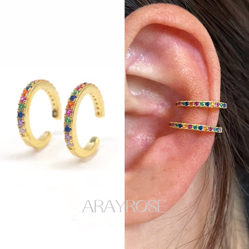 New Rainbow Conch Cuff, Ear Cuff No Piercing, Gold Ear Wrap, 18k Gold 925 Silver - Picture 9 of 10